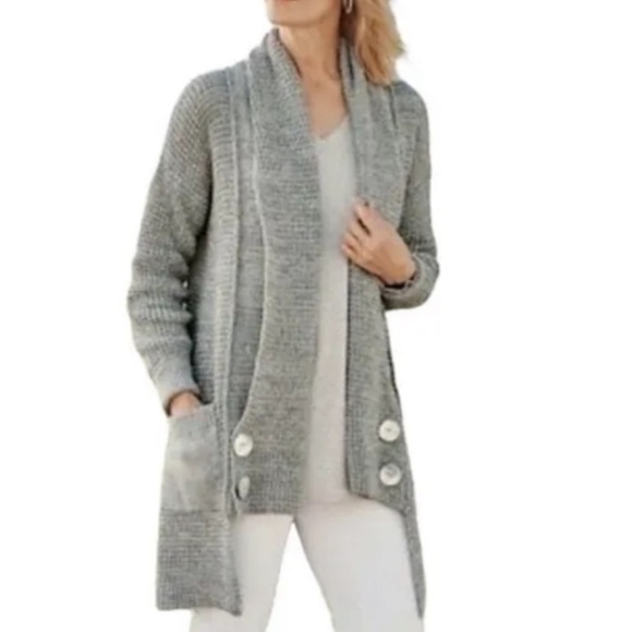 Soft Surroundings Townsend Cardigan Sweater Coat Gray Chunky Knit Size Large - Picture 1 of 10